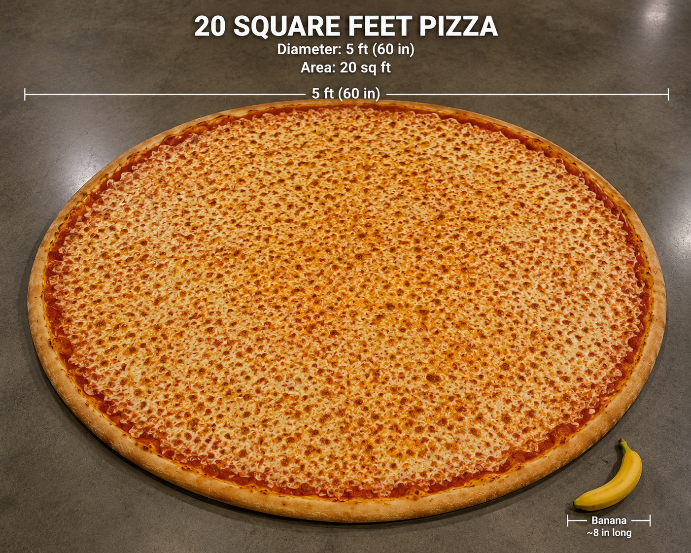How big is Bigza? Size comparisons showing the 5-foot pizza next to a banana, an adult, a car and more — 3 of 5