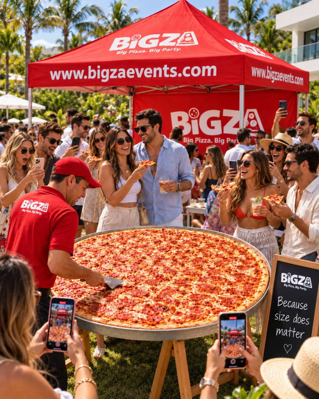 How big is Bigza? Size comparisons showing the 5-foot pizza next to a banana, an adult, a car and more — 4 of 5