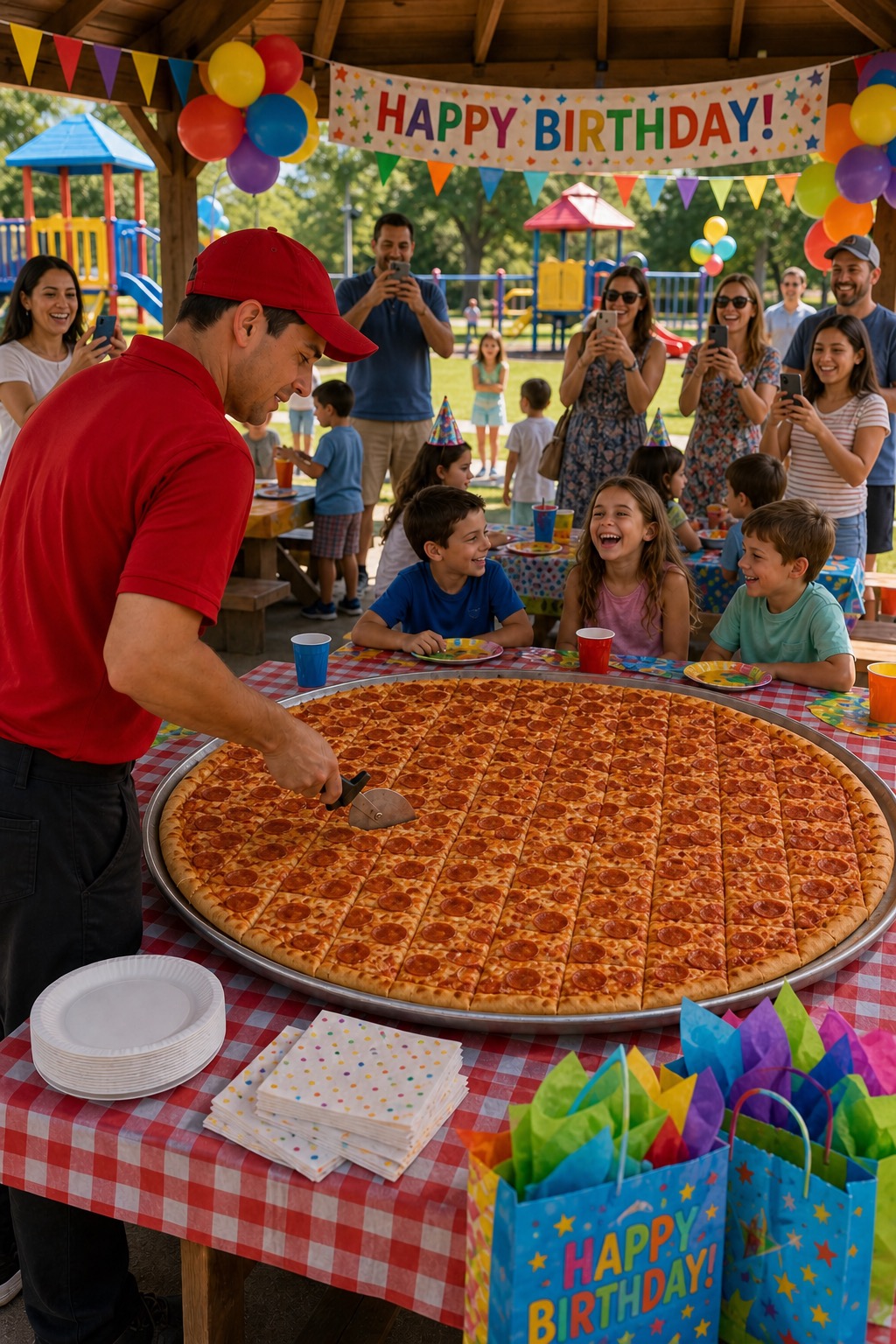 How big is Bigza? Size comparisons showing the 5-foot pizza next to a banana, an adult, a car and more — 5 of 5