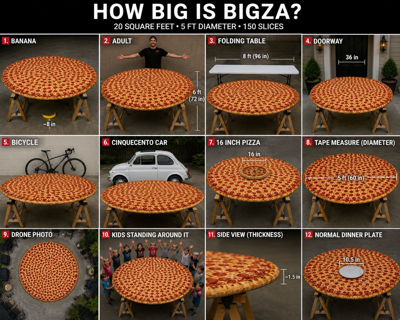 How big is Bigza? Size comparisons showing the 5-foot pizza next to a banana, an adult, a car and more — 2 of 5